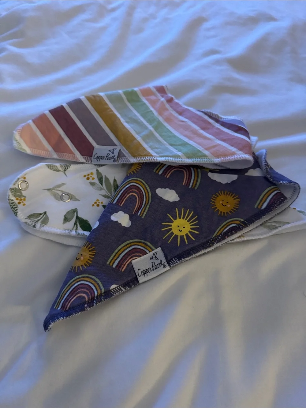 Copper Pearl Baby Bib Set - Rainbow Stripes, Floral & Sun Prints